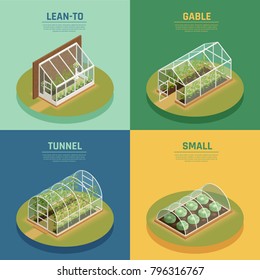 Greenhouses conservatory varieties 4 isometric icons square with glasshouse cable supported greenery arch hothouse isolated vector illustration 