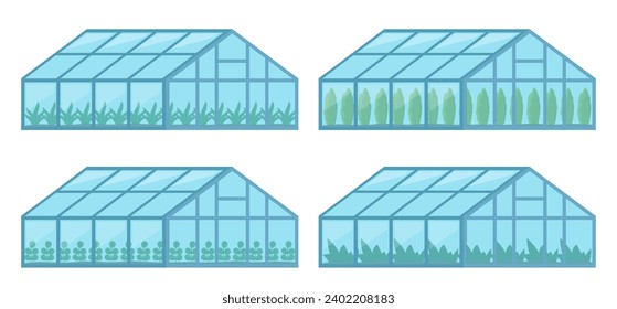 Greenhouses with glass walls, agricultural buildings. Cultivation of agricultural crops. Vector Illustration