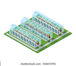 Greenhouses isometric location with eco natural healthy seeding vegetables and plants isolated vector illustration