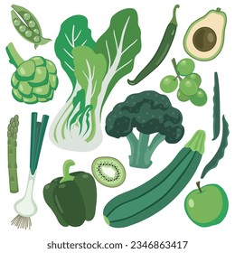 Green-Hued fruits and vegetables collection. Vector illustration on white background.