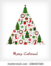 Tarjeta verde con árbol de Navidad que consiste en iconos de navidad de estilo plano y firmar el fondo Feliz Navidad.