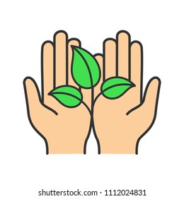 Greening color icon. Environment protection. Open hand with sprout. Agriculture. Isolated vector illustration