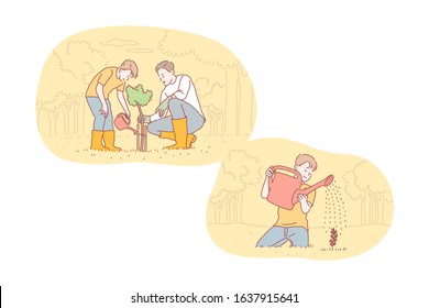 Greening, fatherhood, childhood, care set concept. Father and son do teamwork, planting tree together. Man and boy are greening park or garden. Child is pouring little plant. Simple flat vector