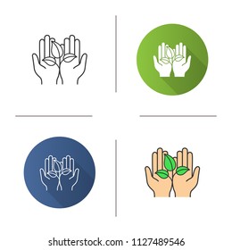 Greening icon. Flat design, linear and color styles. Environment protection. Open hand with sprout. Agriculture. Isolated vector illustrations