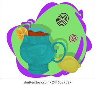 A greenish cup of hot tea with a slice of lemon and a lemon fruit; vintage, romantic background. This cartoon illustration can be used as a logotype for tea shops, tea stores, cafes. Vector, isolated.