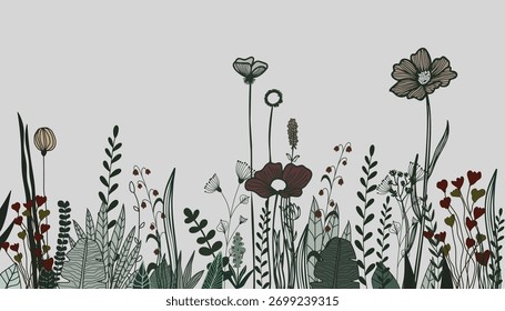 Greenish grass with flowers in plain background 