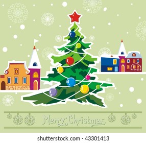 Greenish winter background with Creative Christmas tree. New-Year's greeting sweet postcard with winter houses and snowflakes. Vector illustration.