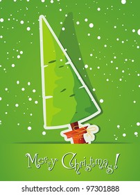 Greenish winter background with Creative Christmas tree. New-Year's greeting sweet postcard with stars and snowflakes. Vector illustration.