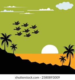 A greenish yellow sky with scattered clouds. A flock of a black birds flying across the sky, enhancing the serene and natural vibe