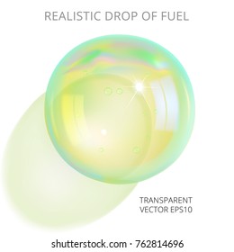 Greenish yellow transparent drop of a gasoline. Vector 3d realistic ball of flammable liquid. Artificial resin jewelry bead. Iridescent drip of a kerosene. Top view at the rainbow sphere of a fuel.