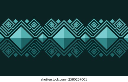 Greenish-blue Turquoise  diamond-shaped squares stripe seamless pattern on dark green background