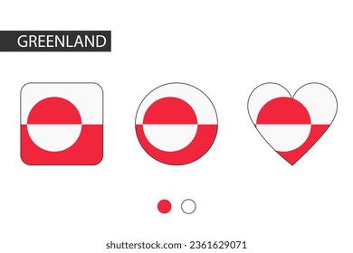 Greenland 3 shapes (square, circle, heart) with city flag. Isolated on white background.