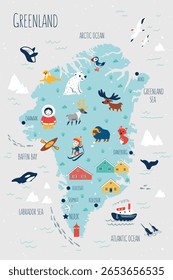 Groenlândia cartoon mapa vetor fundo colorido, Ilha ártica do Reino da Dinamarca aventura doodle ilustração, vida marinha crianças gronelandesas cartaz design viajar papel de parede animal para criança de brincar