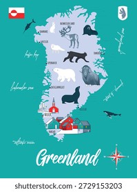 Greenland cartoon map vetor fundo colorido, ilha do Reino Dinamarca ilustração de doodle, vida marinha Ártico. Scandinavian travel set, marco da silhueta, cidades, roteiro, conceito de infográfico 