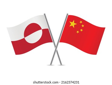 Greenland and China crossed flags. Greenlandic and Chinese flags on white background. Vector icon set. Vector illustration. 