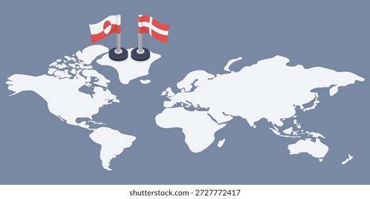 Bandeiras da Gronelândia e da Dinamarca. Groenlândia marcada no mapa do mundo. Ilustração vetorial isométrica plana, design simples.