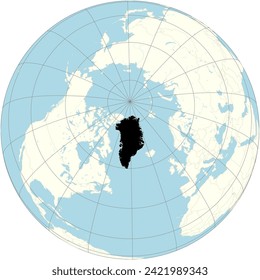 Greenland depicted prominently in the orthographic projection of the world map, underlining its vast icy landscapes in the Arctic.