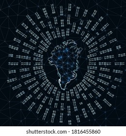 Greenland digital map. Binary rays radiating around glowing country. Internet connections and data exchange design. Vector illustration.