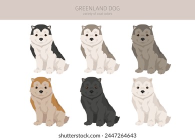 Greenland dog puppy clipart. Different poses, coat colors set.  Vector illustration