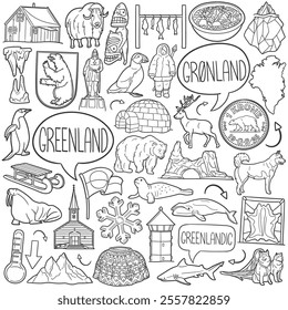 Greenland Doodle Icons Black and White Line Art. Greenlandic Clipart Hand Drawn Symbol Design.	