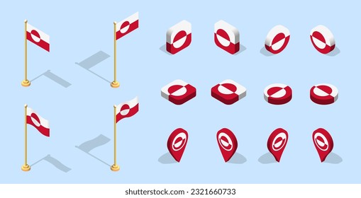 Greenland flag. 3D isometric flag set icon. Editable vector for banner, poster, presentation, infographic, website, apps, maps, and other uses.