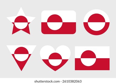 Greenland Flag icon. Official vector Greenland flag icons set in the shape of heart, star, circle and map