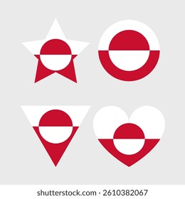 Greenland Flag icon. Official vector Greenland flag icons set in the shape of heart, star, circle and map