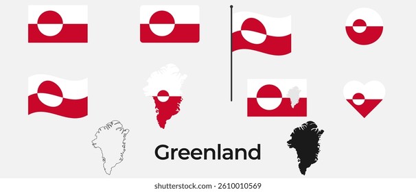 Greenland Flag Icons and Map Silhouettes Set