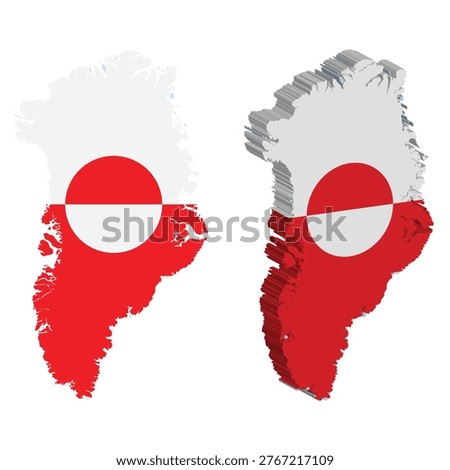 Greenland flag map 2d and 3d representations isolated on white