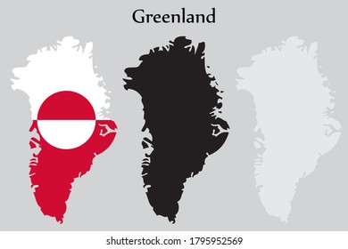 La bandera de Groenlandia y el mapa dan forma a color negro y gris. EPS.file.