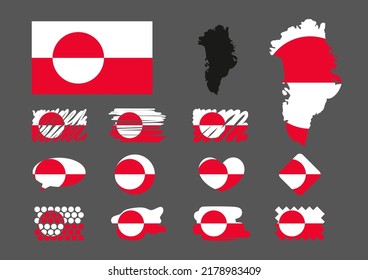Greenland flag set. Map. Heart, button shape, rhombus, circle, speak cloud.
