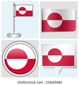 Greenland flag - set of various sticker, button, label and flagstaff