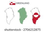 Greenland geographical borders isolated on white background. Flag of Greenland. Vector flat cliparts.