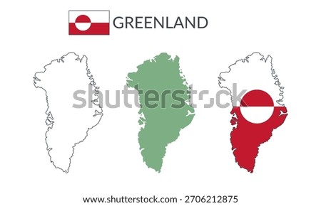 Greenland geographical borders isolated on white background. Flag of Greenland. Vector flat cliparts.