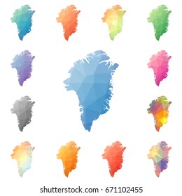 Greenland geometric polygonal, mosaic style maps collection. Bright abstract tessellation, low poly style, modern design. Greenland polygonal maps for your infographics or presentation.