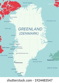 Greenland island detailed editable map with regions cities and towns, geographic sites. Vector EPS-10 file