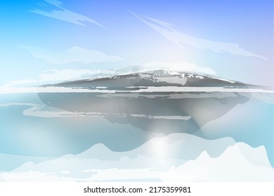 Greenland landscape, View of the sea,island,  ice, glaciers, mountains covered with snow, winter. Melting ice- global warming. 