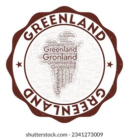 Greenland logo. Authentic country badge with word cloud in shape of Greenland. Round emblem with country name. Appealing vector illustration.