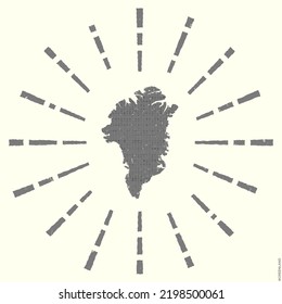 Greenland logo. Grunge sunburst poster with a map of the country. Shape of Greenland filled with hex digits and sunburst rays around. Attractive vector illustration.