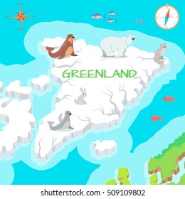 Greenland mainland cartoon map with fauna and flora species. Walrus, polar bear, arctic fox, rabbit, seal, tuna  flat vectors. Arctic animals on ice. Nature concept for  children's book illustrating