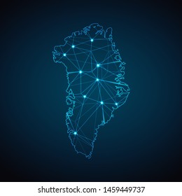 Greenland Map - Abstract geometric mesh polygonal network line, structure and point scales on dark background with lights in the form of cities. Vector illustration eps 10.