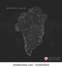 Greenland map abstract geometric mesh polygonal light concept with black and white glowing contour lines countries and dots on dark background. Vector illustration.