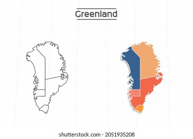 Mapa de Groenlandia vector ciudad dividido por el colorido estilo de simplicidad de contorno. Tiene 2 versiones, versión de línea delgada negra y versión colorida. Ambos mapas estaban en el fondo blanco.