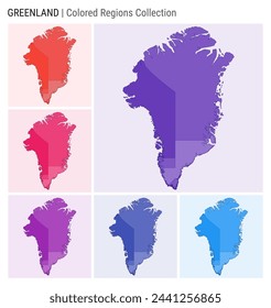 Greenland map collection. Country shape with colored regions. Deep purple, red, pink, purple, indigo, blue color palettes. Border of Greenland with provinces for your infographic. Vector illustration.