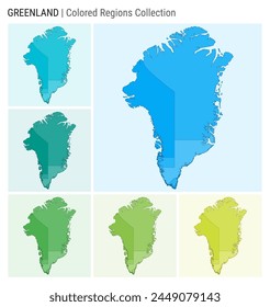 Greenland map collection. Country shape with colored regions. Light Blue, Cyan, Teal, Green, Light Green, Lime color palettes. Border of Greenland with provinces for your infographic.