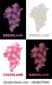 Greenland map. Collection of maps of Greenland in dotted style. Borders of the country filled with rectangles for your design. Vector illustration.