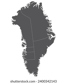 Greenland map. Map of Greenland divided into five regions in grey color