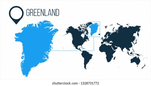 Greenland map located on a world map with flag and map pointer or pin. Infographic map. Vector illustration isolated on white background.