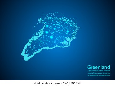 greenland map with nodes linked by lines. concept of global communication and business. Dark greenland map created from white dots with travel locations or internet connection.