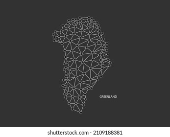 Greenland Map Point scales on black background. Wire frame polygonal network white line, dot and shadow dot.